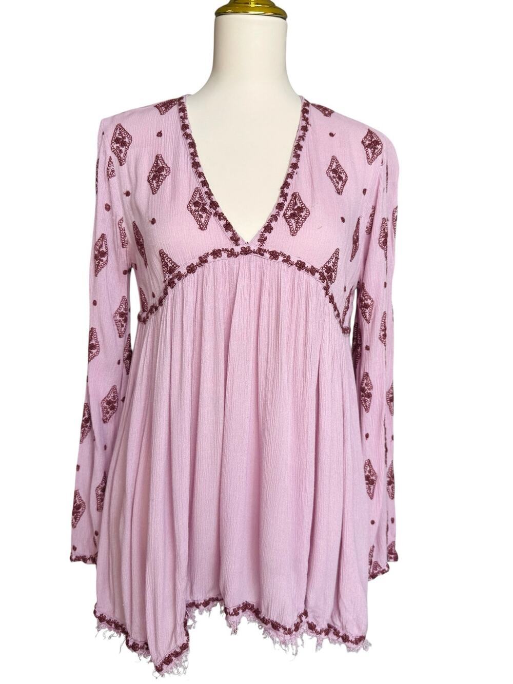 Free People Diamond Pink Embroidered Boho Babydoll Tunic Size XS Whimsical